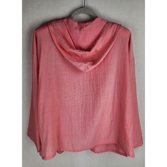 Eileen Fisher Womens XL Pink/Salmon Silk Cardigan shoulder pads Hood Athleisure - Picture 8 of 12
